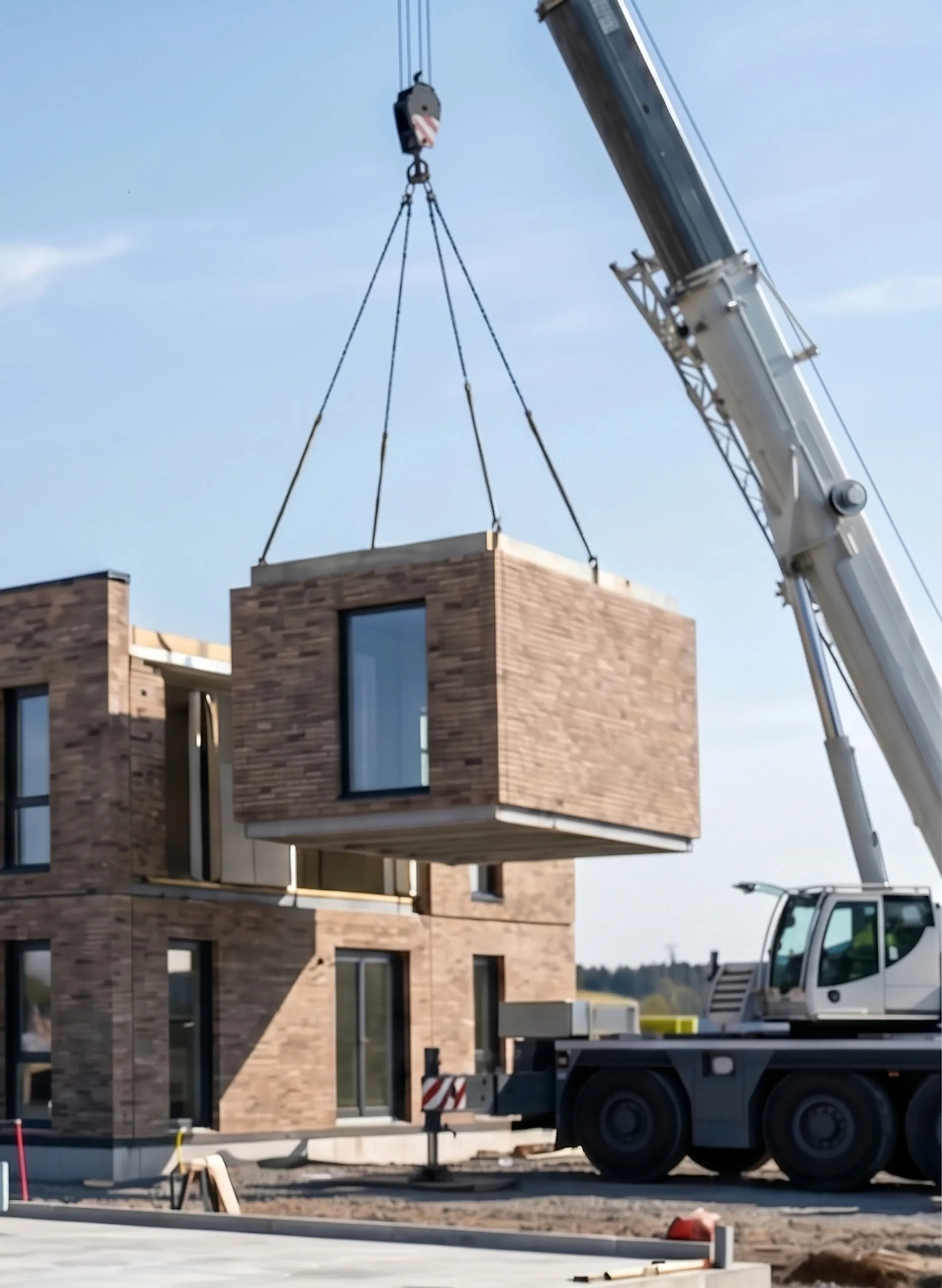 A crane placing a house module